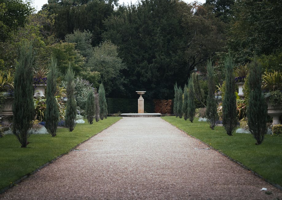 A symmetrical garden pathway paved with light-colored gravel, flanked by neatly trimmed green lawns and rows of slender, tall cypress trees. On either side of the pathway, ornamental flower beds with 